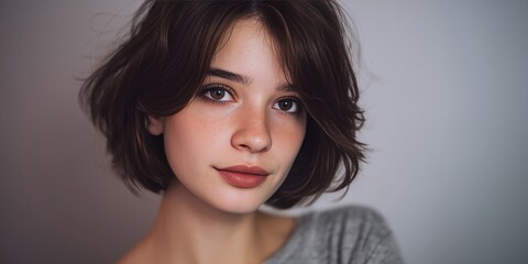 Fototapeta premium Natural Portrait of a Young Woman with Short Hair and Freckles in Soft Lighting