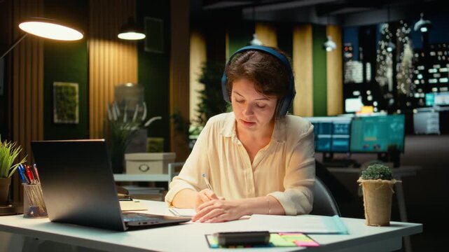 Business consultant summarizing important ideas in a meeting call with investors, extracting essential bullet points from the discussion with business associates. Insight in a briefing. Camera A.