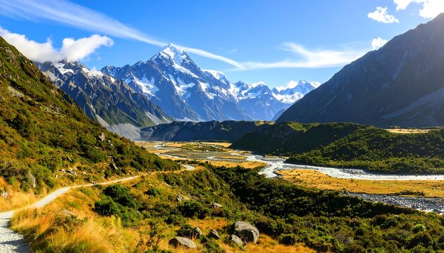 Mountain valley vista in bright sunlight