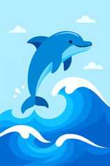 Fototapeta premium A flat vector illustration of a playful dolphin leaping out of the ocean with vibrant blue waves