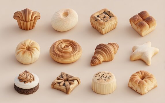 Smooth stylized 3D render of assorted pastry icons with oily clay finish, clean outlines, and softbox lighting, ideal for cafe games, digital culinary branding, and fun dessert-themed icon collections
