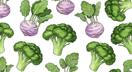 Illustrative pattern of broccoli and kohlrabi vegetables on white background