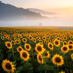 Misty sunrise over a vast field of sunflowers, mountains in the background