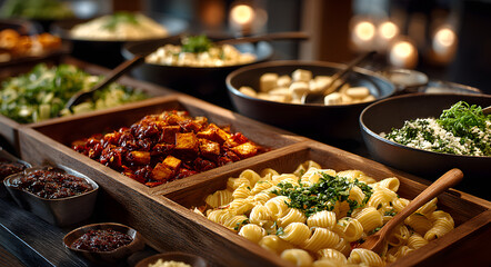 Obraz premium A buffet station with different kinds of pasta, sauces, and toppings for customization.