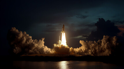 Sky with dark clouds, a space shuttle launch. The spacecraft lifts off into the sky on a rocket's fire and smoke at night