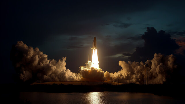 Sky with dark clouds, a space shuttle launch. The spacecraft lifts off into the sky on a rocket's fire and smoke at night