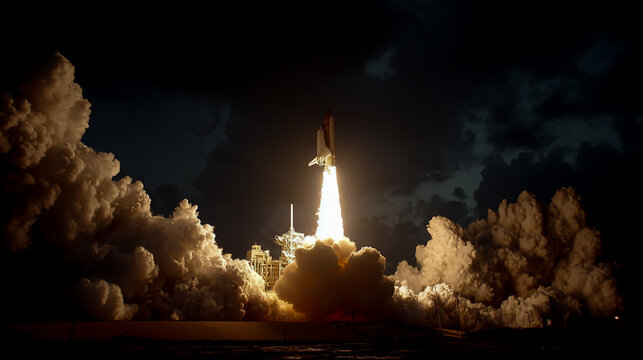 Sky with dark clouds, a space shuttle launch. The spacecraft lifts off into the sky on a rocket's fire and smoke at night
