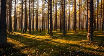 Sunlight filtering through tall trees in a dense forest illuminating the forest floor with shadows