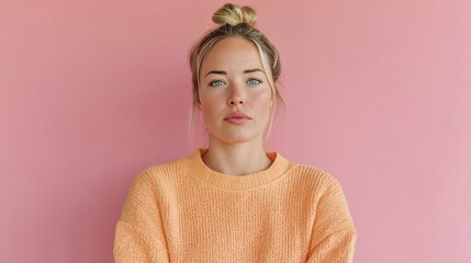 Casual Portrait of a Young Woman in a Cozy Sweater Against a Pink Background