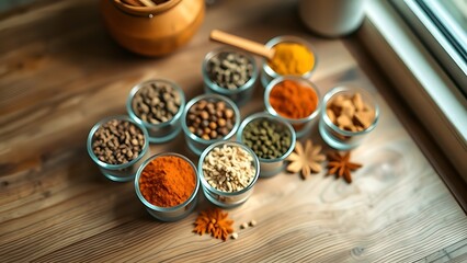An artistic arrangement of spice cups on a wooden table from an overhead perspective.
