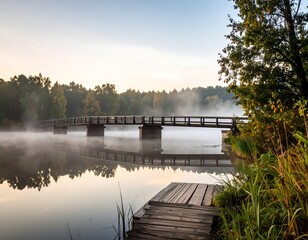 Misty sunrise over calm lake, wooden bridge and dock