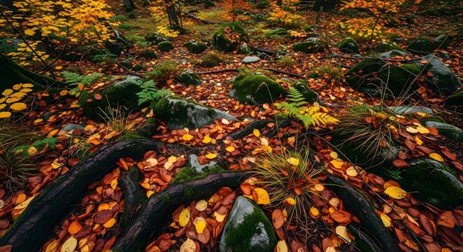 Autumn forest floor with fallen leaves mossy rocks and exposed tree roots creating a natural scene