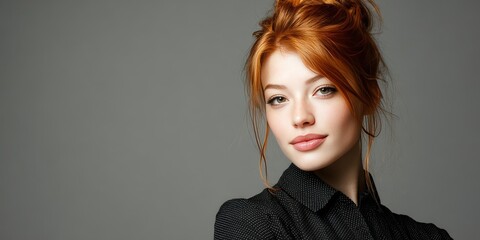 Portrait of a Confident Young Woman with Red Hair Against a Neutral Background