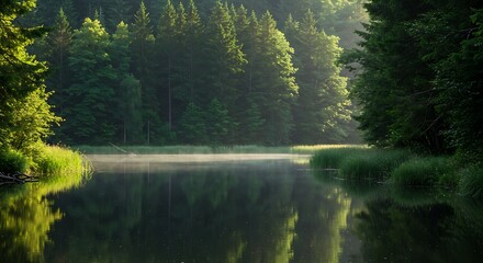 Serene lakeside view with lush green trees and misty atmosphere