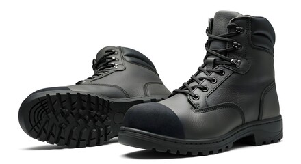 Rugged Black Leather Work Safety Boots with Steel Toe Cap, Durable Industrial Protective Footwear for Construction and Trades, Isolated on White Ba...