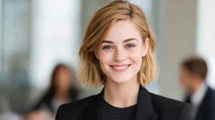 Confident Young Woman Smiling in a Professional Office Environment