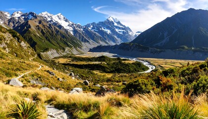 Mountain valley vista with snow-capped peaks
