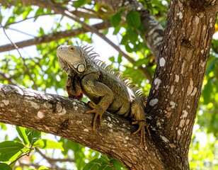Iguana perched on a tree branch