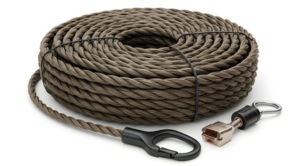 Fototapeta premium Durable Coiled Utility Rope in Olive Green with Carabiner Clip and Metal Swivel Attachment, Isolated on White Background for Outdoor and Marine Use