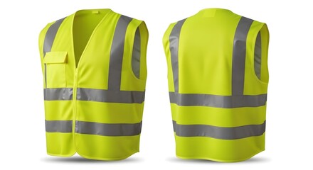 High Visibility Safety Vest: Bright Yellow Reflective Workwear with Front and Back Views, Personal Protective Equipment Isolated on White