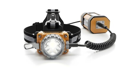 Powerful LED Headlamp with External Battery Pack for Outdoor Adventures and Industrial Work on White Background