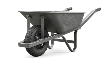 Robust Empty Metal Wheelbarrow for Construction, Gardening, and DIY Projects, Isolated on Clean White Background