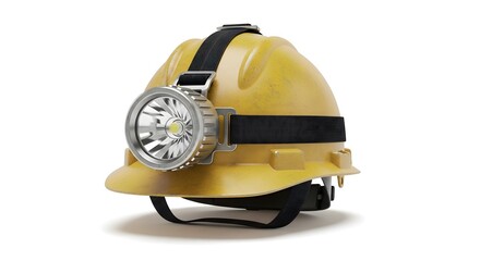 Bright Yellow Hard Hat with Integrated LED Headlamp on White Background, Essential Safety Gear for Mining, Construction, and Industrial Work