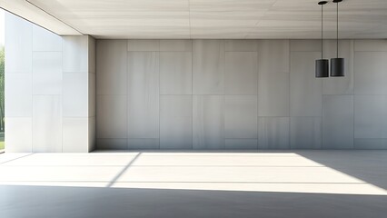 Minimalist concrete interior with smooth floor and textured wall, showcasing contemporary architectural design.
