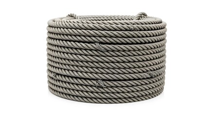 Neatly Coiled Heavy-Duty Grey Rope: Robust Synthetic Cord for Industrial, Marine, and Utility Applications, Isolated on White