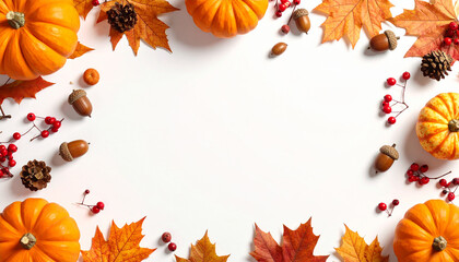 Autumn composition : Thanksgiving Background with Pumpkins Leaves and Acorns on White