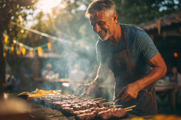 Grilling skewers in a festive outdoor setting during a warm evening gathering with friends and family