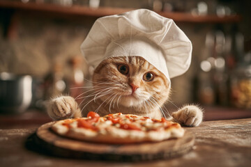 Cute cat chef prepares pizza in a cozy kitchen setting during the day