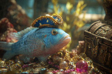 Colorful fish wearing a decorative hat with treasure chest and jewels in a vibrant underwater scene