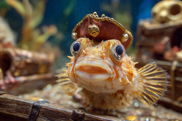 Unique fish wearing a pirate hat in underwater scene with treasure and marine life