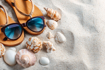 Colorful sunglasses and seashells on sandy beach create a relaxing summer atmosphere near the ocean coastline