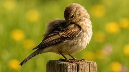 Small songbird perched on wooden post, brown feather, green field background, yellow flower, peaceful, close up, nature