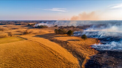 Aerial view of grassland fire with smoke, dry yellow field, scattered trees, clear sky, environmental impact, rural landscape