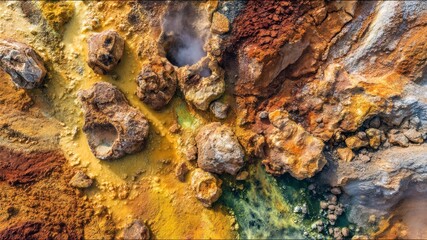 Aerial view of geothermal volcanic landscape, vibrant yellow, orange, and red mineral deposits, steaming hot spring, rugged terrain