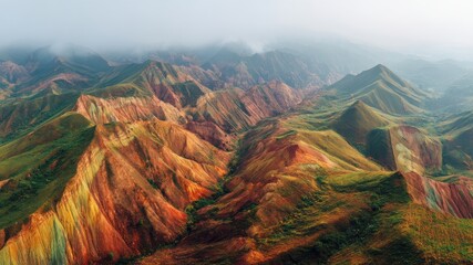 Aerial view of vibrant multicolored mountains with dramatic peaks, lush greenery, and misty atmosphere creating breathtaking landscape