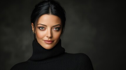 Elegant Portrait of a Woman in a Black Turtleneck Sweater Against a Dark Background