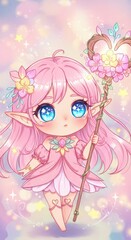 A charming, whimsical, and lovely illustration portrays a petite elf girl with pink hair and a light pink dress, holding a magical staff adorned with flowers.