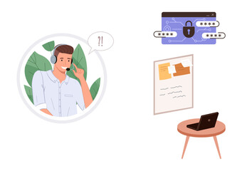 Customer service agent speaking with headset, security login screen with password entry, and tidy workspace with laptop on tabletop. Ideal for tech support, telecommunication, cybersecurity, remote