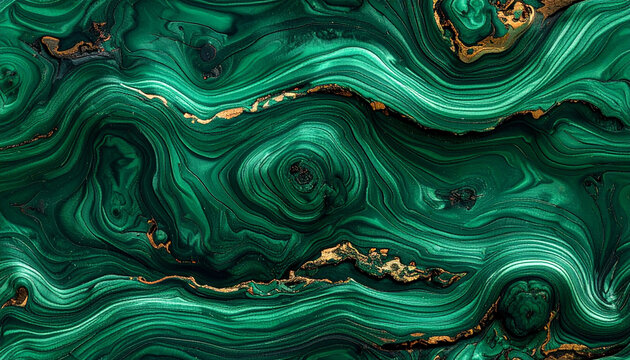 Close-up of a malachite stone with swirling patterns of green and gold.