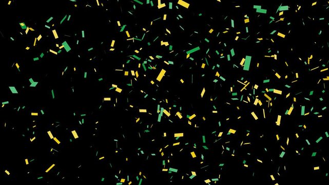 Green and yellow confetti falling in front of black background. Celebration animation