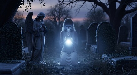 Graveyard scene kneeling woman emits light an angel statue stands by tombstones surround
