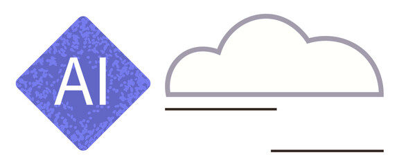AI diamond with textured pattern next to a minimal cloud outline and lines. Ideal for artificial intelligence, technology, data, cloud computing, innovation, automation, connectivity, simple flat