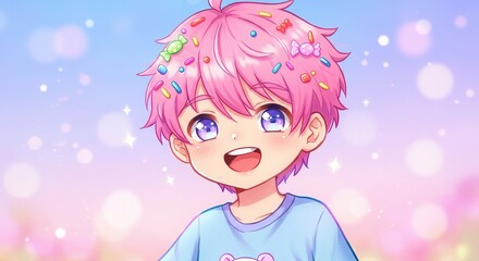 Fototapeta premium A joyful illustration of a child with vibrant pink hair adorned with colorful candies and sprinkles, set against a dreamy pastel background.