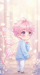 Fototapeta premium A charming, whimsical illustration portrays a small, spirited child with vibrant pastel hues and iridescent butterfly wings.