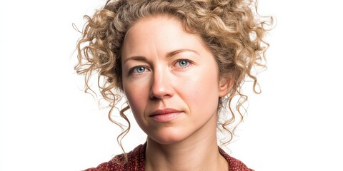 Portrait of a Thoughtful Woman with Curly Hair Against a White Background