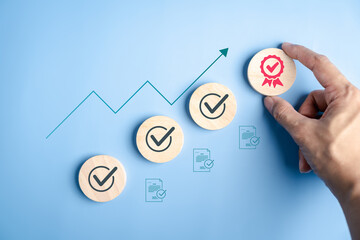 Certificate and checklist concept with check marks, documents, and growth graph, quality assurance, standard compliance, achievement, business certification, and goal completion.